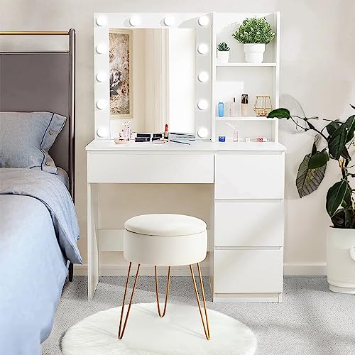 LUE BONA Velvet Vanity Stool Chair for Makeup Room, Beige Round Storage Ottoman, Stool for Vanity with Gold Legs, 19” Vanity Chair, Ottoman Makeup Vanity Stool Chair for Vanity, Living Room,Bedroom