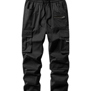 JMIERR Men Casual Cargo Pants Elastic Waist Drawstring Tactical Pant Lightwight Hiking Joggers Pants Loose Fit with Multi Pockets, US 34(M), 1 Black