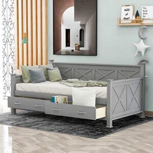 oudiec twin daybed with storage drawers,solid pinewood bedframe with guardrail for boys/girls/teens/kids bedroom,no box spring needed,gray