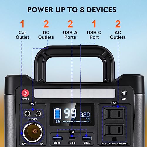 VOLT HERO Portable Power Station, 298wh Solar Generator with LiFePO4 Battery, 320W(Peak 640W) 8-Port Power Supply, 2 AC Outlets, 60W USB-C PD Output, LED light for Outdoor Camping/RVs