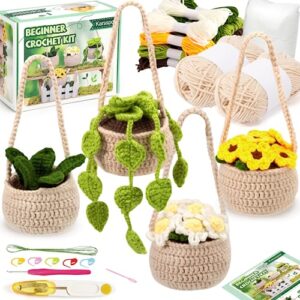 karsspor crochet kit for beginners - 4 pcs hanging potted plants, beginner crochet kit for adults with easy to follow tutorials, complete crochet kit for beginners adults (patent product)