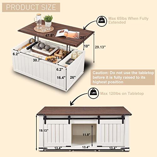 SinCiDo 48” Lift Top Coffee Table, Coffee Table with Storage & Sliding Groove Barn Door, Farmhouse Coffee Table Rustic Wood Cocktail Table w/Double Storage Spaces for Living Room, White