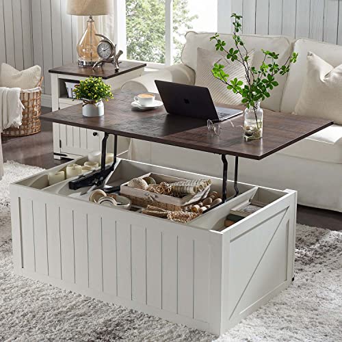 SinCiDo 48” Lift Top Coffee Table, Coffee Table with Storage & Sliding Groove Barn Door, Farmhouse Coffee Table Rustic Wood Cocktail Table w/Double Storage Spaces for Living Room, White