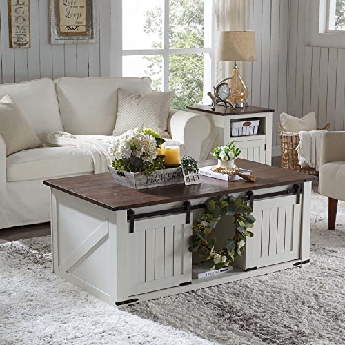 SinCiDo 48” Lift Top Coffee Table, Coffee Table with Storage & Sliding Groove Barn Door, Farmhouse Coffee Table Rustic Wood Cocktail Table w/Double Storage Spaces for Living Room, White
