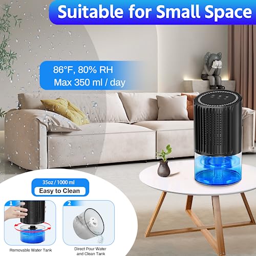 Dehumidifiers for Home - 35oz Bathroom Dehumidifier Portable Small Dehumidifier with Auto Defrost Function,2 Working Modes,Smart Auto-Off,Ultra Quiet for Bedroom,Basement,Room,Wardrobe,Kitchen - Black