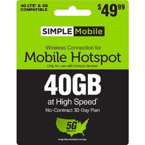 simple mobile $49.99 hotspot data plan, 40gb / 30-days [physical delivery]