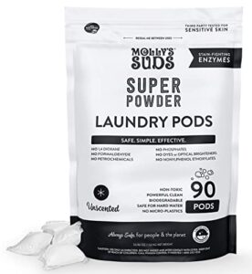 molly's suds super powder laundry detergent pods | natural extra strength detergent for sensitive skin | ultra concentrated and stain fighting (unscented - 90 count)