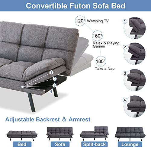 MUUEGM Futon Sofa Bed Memory Foam Futon Sofa Sleeper Couch,Convertible Modern Futon for Living Room,Love seat for Apartments Office Small Spaces,w/Adjustable Armrests Backrest,Linen Fabric,Grey