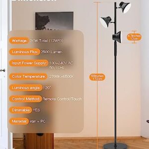 SIBRILLE [Upgraded] LED Floor Lamp, 36W Dimmable Standing Lamp with Remote & Touch Control, 2700K-6500K, Modern Tree Floor Lamp with 3 Rotatable Lights, Floor Lamps for Living Room, Bedroom, Office