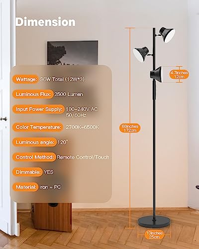 SIBRILLE [Upgraded] LED Floor Lamp, 36W Dimmable Standing Lamp with Remote & Touch Control, 2700K-6500K, Modern Tree Floor Lamp with 3 Rotatable Lights, Floor Lamps for Living Room, Bedroom, Office