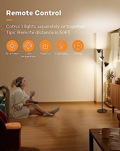 SIBRILLE [Upgraded] LED Floor Lamp, 36W Dimmable Standing Lamp with Remote & Touch Control, 2700K-6500K, Modern Tree Floor Lamp with 3 Rotatable Lights, Floor Lamps for Living Room, Bedroom, Office