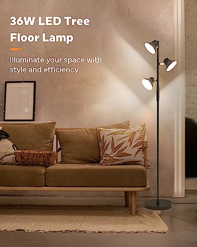 SIBRILLE [Upgraded] LED Floor Lamp, 36W Dimmable Standing Lamp with Remote & Touch Control, 2700K-6500K, Modern Tree Floor Lamp with 3 Rotatable Lights, Floor Lamps for Living Room, Bedroom, Office