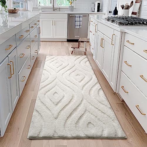 DEXDE Bathroom Rugs Runner 24x60 Long Bathroom Rug Non Slip Soft Washable Large Bath Mats for Bathroom Bedroom Hallway Kitchen Floor Carpet Modern Boho Decor, White