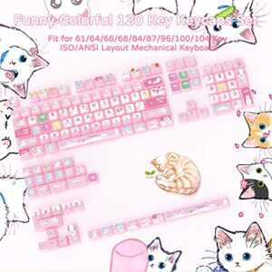 120 Key PBT Pudding Keycap Set ASA Profile with Transluscent PC Layer Dye-Sub Cute Cat Theme for 61/84/87/98/100/104Key TKL Cherry MX Gateron Kailh Cross Type Switch ANSI Mechanical Keyboard DIY(Pink)