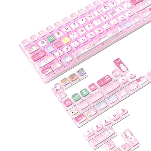 120 Key PBT Pudding Keycap Set ASA Profile with Transluscent PC Layer Dye-Sub Cute Cat Theme for 61/84/87/98/100/104Key TKL Cherry MX Gateron Kailh Cross Type Switch ANSI Mechanical Keyboard DIY(Pink)