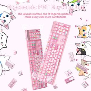 120 Key PBT Pudding Keycap Set ASA Profile with Transluscent PC Layer Dye-Sub Cute Cat Theme for 61/84/87/98/100/104Key TKL Cherry MX Gateron Kailh Cross Type Switch ANSI Mechanical Keyboard DIY(Pink)