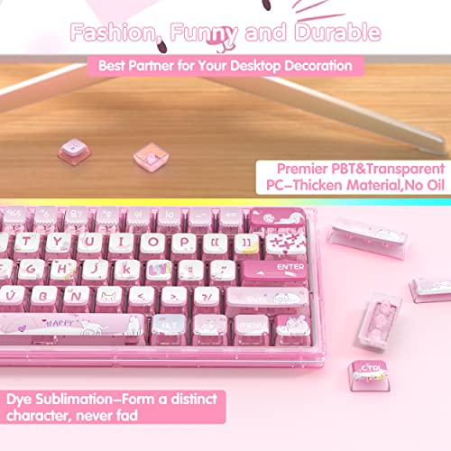 120 Key PBT Pudding Keycap Set ASA Profile with Transluscent PC Layer Dye-Sub Cute Cat Theme for 61/84/87/98/100/104Key TKL Cherry MX Gateron Kailh Cross Type Switch ANSI Mechanical Keyboard DIY(Pink)