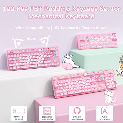 120 Key PBT Pudding Keycap Set ASA Profile with Transluscent PC Layer Dye-Sub Cute Cat Theme for 61/84/87/98/100/104Key TKL Cherry MX Gateron Kailh Cross Type Switch ANSI Mechanical Keyboard DIY(Pink)