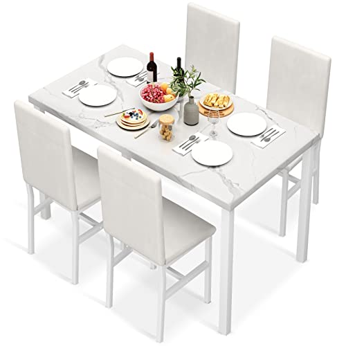 Hooseng Dining Table Set for 4, Space Saving Kitchen Table and Chairs for 4, 5 Pieces Faux Marble Dining Room Table Set with 4 PU Leather Chairs for Small Space, Living Room, Breakfast Nook, White