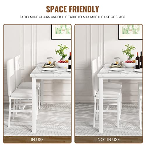 Hooseng Dining Table Set for 4, Space Saving Kitchen Table and Chairs for 4, 5 Pieces Faux Marble Dining Room Table Set with 4 PU Leather Chairs for Small Space, Living Room, Breakfast Nook, White