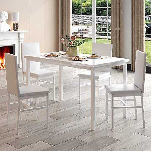 Hooseng Dining Table Set for 4, Space Saving Kitchen Table and Chairs for 4, 5 Pieces Faux Marble Dining Room Table Set with 4 PU Leather Chairs for Small Space, Living Room, Breakfast Nook, White