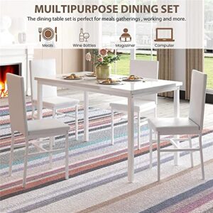 Hooseng Dining Table Set for 4, Space Saving Kitchen Table and Chairs for 4, 5 Pieces Faux Marble Dining Room Table Set with 4 PU Leather Chairs for Small Space, Living Room, Breakfast Nook, White