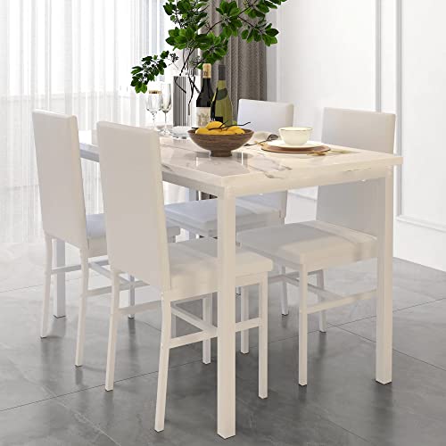 Hooseng Dining Table Set for 4, Space Saving Kitchen Table and Chairs for 4, 5 Pieces Faux Marble Dining Room Table Set with 4 PU Leather Chairs for Small Space, Living Room, Breakfast Nook, White