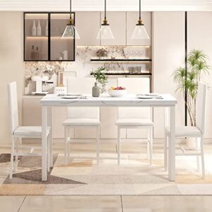 Hooseng Dining Table Set for 4, Space Saving Kitchen Table and Chairs for 4, 5 Pieces Faux Marble Dining Room Table Set with 4 PU Leather Chairs for Small Space, Living Room, Breakfast Nook, White