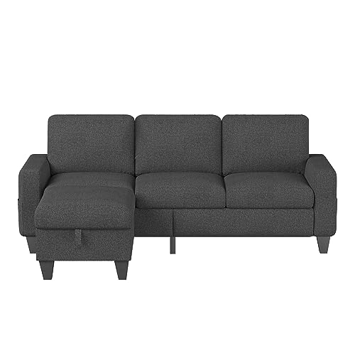 Sunrise Coast Sectional L-Shaped Sofa Modern Linen Fabric 3-Seat Couch with Convertible Storage Ottoman Dark Grey Living Room Furniture Set for Apartment Loft Small Spaces