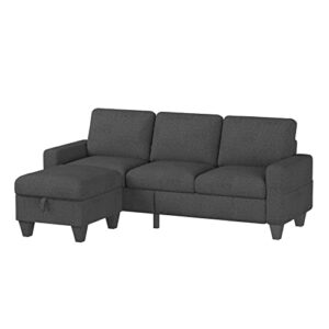 Sunrise Coast Sectional L-Shaped Sofa Modern Linen Fabric 3-Seat Couch with Convertible Storage Ottoman Dark Grey Living Room Furniture Set for Apartment Loft Small Spaces