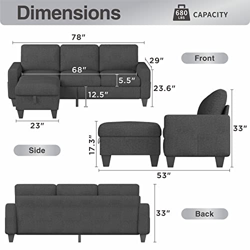 Sunrise Coast Sectional L-Shaped Sofa Modern Linen Fabric 3-Seat Couch with Convertible Storage Ottoman Dark Grey Living Room Furniture Set for Apartment Loft Small Spaces