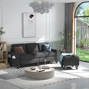 Sunrise Coast Sectional L-Shaped Sofa Modern Linen Fabric 3-Seat Couch with Convertible Storage Ottoman Dark Grey Living Room Furniture Set for Apartment Loft Small Spaces