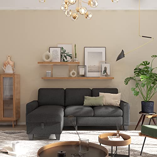 Sunrise Coast Sectional L-Shaped Sofa Modern Linen Fabric 3-Seat Couch with Convertible Storage Ottoman Dark Grey Living Room Furniture Set for Apartment Loft Small Spaces