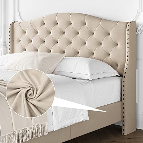 IDEALHOUSE Modern Upholstered Queen Bed Frame,Button Tufted Headboard and Footboard Design Solid Wooden Slat Support Easy Assembly,Beige (Queen)