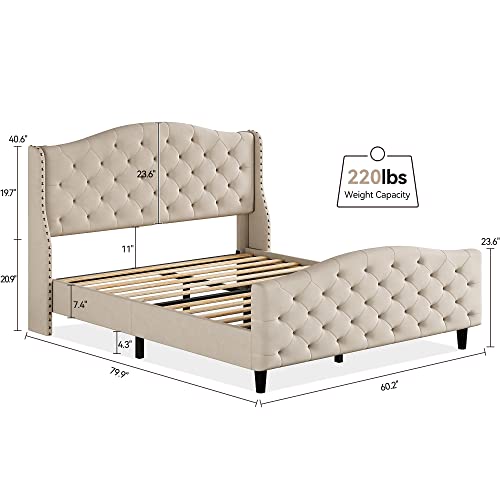 IDEALHOUSE Modern Upholstered Queen Bed Frame,Button Tufted Headboard and Footboard Design Solid Wooden Slat Support Easy Assembly,Beige (Queen)