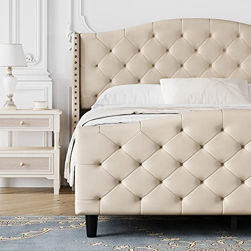 IDEALHOUSE Modern Upholstered Queen Bed Frame,Button Tufted Headboard and Footboard Design Solid Wooden Slat Support Easy Assembly,Beige (Queen)