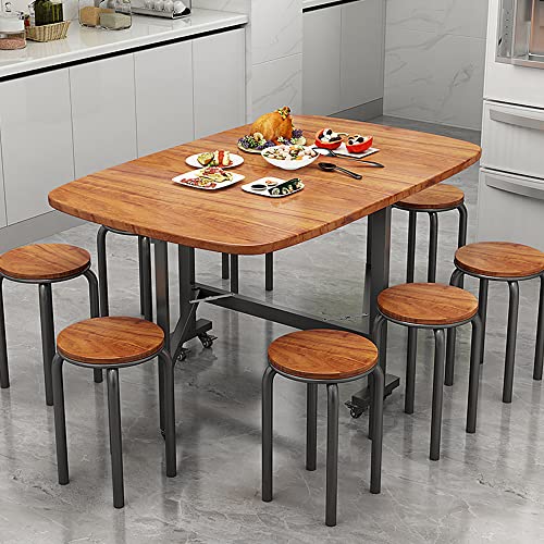 Rukulin Drop Leaf Dining Table – Solid Wooden Foldable Kitchen Table with 6 Wheels for Dining Room (Brown)