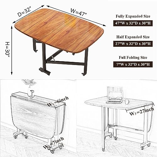 Rukulin Drop Leaf Dining Table – Solid Wooden Foldable Kitchen Table with 6 Wheels for Dining Room (Brown)