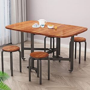 Rukulin Drop Leaf Dining Table – Solid Wooden Foldable Kitchen Table with 6 Wheels for Dining Room (Brown)