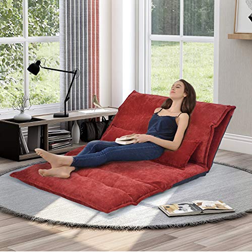 Merax Floor Sofa, Foldable Lazy Sofa Sleeper Bed with 2 Pillows, Adjustable Lounge Sofa Gaming Sofa Floor Couches 5-Position for Bedroom, Living Room, and Balcony, Red