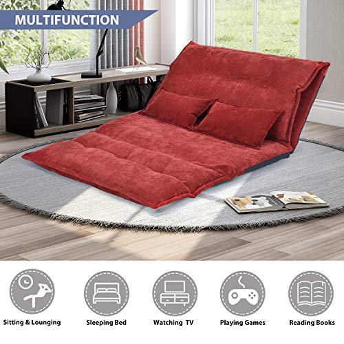 Merax Floor Sofa, Foldable Lazy Sofa Sleeper Bed with 2 Pillows, Adjustable Lounge Sofa Gaming Sofa Floor Couches 5-Position for Bedroom, Living Room, and Balcony, Red