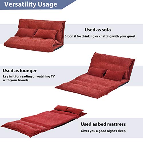 Merax Floor Sofa, Foldable Lazy Sofa Sleeper Bed with 2 Pillows, Adjustable Lounge Sofa Gaming Sofa Floor Couches 5-Position for Bedroom, Living Room, and Balcony, Red