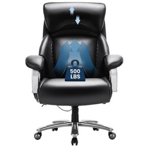 Big and Tall Office Chair 500lbs-Heavy Duty Ergonomic Computer Chair with Extra Wide Seat, High Back Executive Large Desk Chair with Thick Bonded Leather and Tilt Rock, Adjustable Lumbar Support-Black