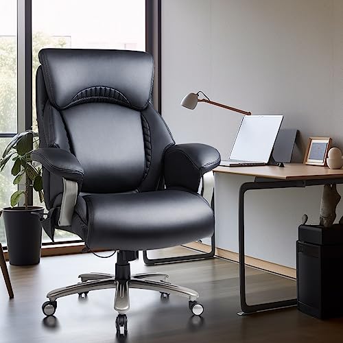 Big and Tall Office Chair 500lbs-Heavy Duty Ergonomic Computer Chair with Extra Wide Seat, High Back Executive Large Desk Chair with Thick Bonded Leather and Tilt Rock, Adjustable Lumbar Support-Black