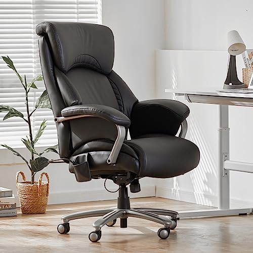Big and Tall Office Chair 500lbs-Heavy Duty Ergonomic Computer Chair with Extra Wide Seat, High Back Executive Large Desk Chair with Thick Bonded Leather and Tilt Rock, Adjustable Lumbar Support-Black