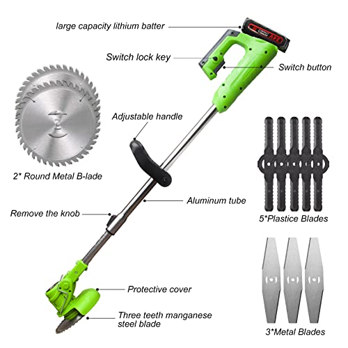 Electric Weed Eater,Weed Wacker Battery Powered,3 in 1 Cordless Lawn Trimmer with Adjustable Handle 3 Types Blades Weed Eater Brush Cutter for Yard and Garden