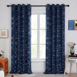 deconovo navy curtains for bedroom, 84 inches long living room curtains blackout, silver geometric patterned sliding door light blocking curtain drapes, black out window curtain 52w x 84l 1 pair