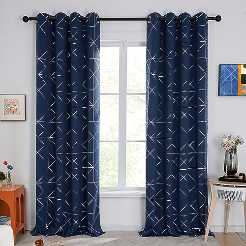 Deconovo Navy Curtains for Bedroom, 84 Inches Long Living Room Curtains Blackout, Silver Geometric Patterned Sliding Door Light Blocking Curtain Drapes, Black Out Window Curtain 52W x 84L 1 Pair