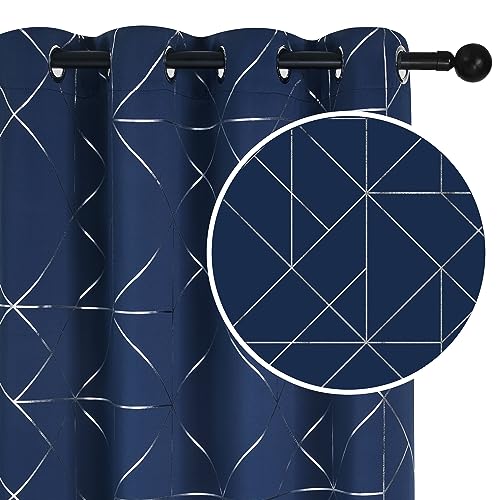 Deconovo Navy Curtains for Bedroom, 84 Inches Long Living Room Curtains Blackout, Silver Geometric Patterned Sliding Door Light Blocking Curtain Drapes, Black Out Window Curtain 52W x 84L 1 Pair