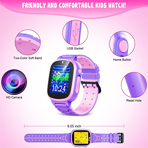 Kids Smart Watch Gift for Girls Age 4-12, Smart Watch for Kids Boys Girls Toys for Kids with HD Touchscreen 20 Puzzle Games Camera Video, Music Player, Alarm Clock Calendaring (Purple)